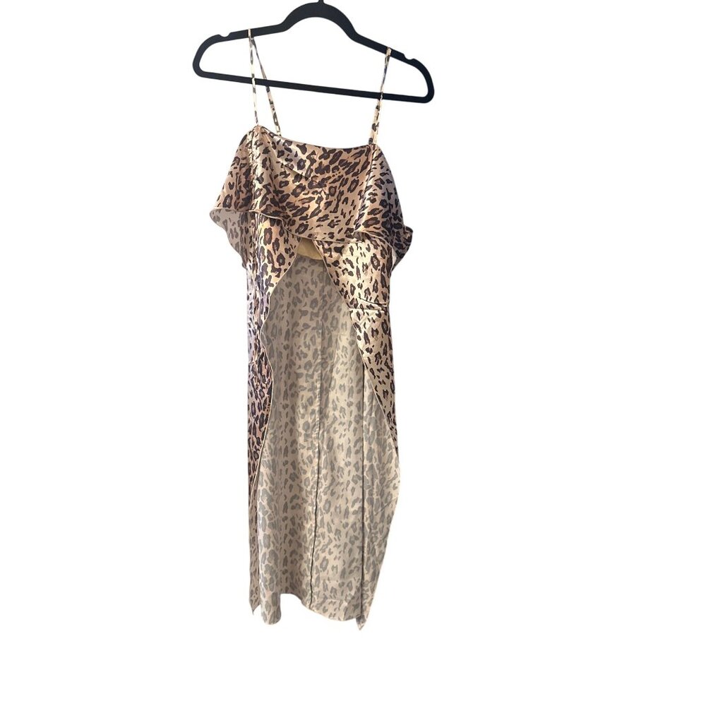 Lovers + Friends Leopard Print Satin Ruffle Midi Open Front Lingerie Topper XS